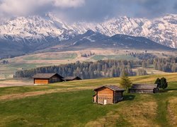 Dolomity, Góry Sassolungo, Drewniane, Domki, Płaskowyż Seiser Alm, Dolina Val Gardena, Drzewa, Chmury, Włochy