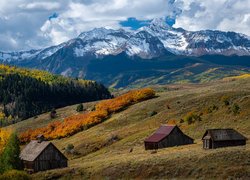 Góry, San Juan Mountains, Las, Drzewa, Domki, Jesień, Chmury, Kolorado, Stany Zjednoczone