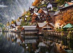 Austria, Hallstatt, Domy, Góry, Alpy Salzburskie, Jezioro Hallstattersee Jezioro