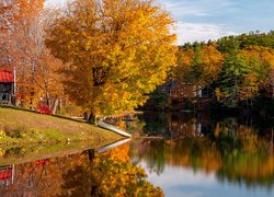 Jesień, Rzeka, Łódka, Domy, Kolorowe, Drzewa, Odbicie
