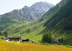 Domy i kościół w alpejskiej dolinie Ahrntal we Włoszech