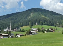 Wzgórze, Łąki, Kościoły, Domy, Gosau, Powiat Gmunden, Austria
