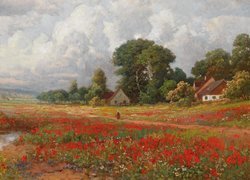 Domy i łąka z kwiatami na obrazie Aloisa Arneggera