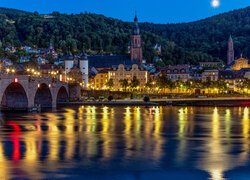 Niemcy, Heidelberg, Most, Rzeka Neckar, Domy, Kościół, Światło, Noc, Odbicie