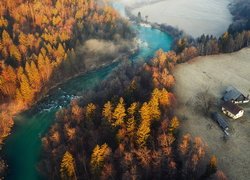 Jesień, Rzeka Sava, Mgła, Pożółkłe, Drzewa, Polana, Domy, Z lotu ptaka, Słowenia