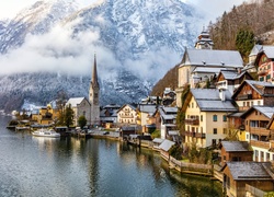 Austria, Hallstatt, Domy, Góry, Jezioro, Zima