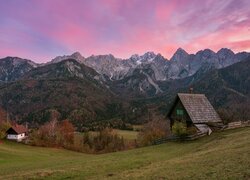 Domy na wzgórzu na tle Alp Julijskich w Słowenii