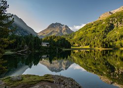 Góry Alpy, Las, Drzewa, Jezioro, Lage Cavloc, Odbicie, Dom, Kamienie, Kanton Gryzonia, Szwajcaria