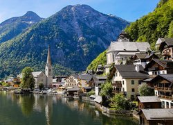 Austria, Hallstatt, Góry Alpy Salzburskie, Jezioro Hallstattersee, Domy