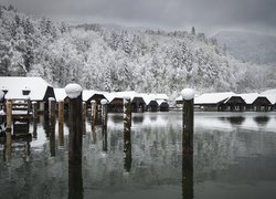 Jezioro Konigssee, Zima, Góry, Alpy, Drzewa, Domy, Pale, Bawaria, Niemcy