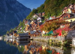 Austria, Hallstatt, Jezioro Hallstättersee, Alpy Salzburskie, Domy, Drzewa