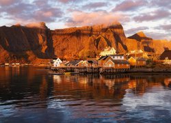 Norwegia, Lofoty, Morze, Góry, Domy