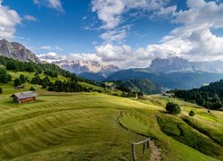 Włochy, Południowy Tyrol, Góry, Dolomity, Dolina Val Gardena, Domy, Łąki, Drzewa, Lasy