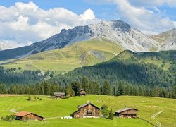 Szwajcaria, Kanton Gryzonia, Góry Alpy Retyckie, Miejscowość Arosa,  Las, Domy, Drogi, Chmury