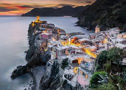 Zachód słońca, Morze, Kolorowe, Domy, Riomaggiore, Włochy