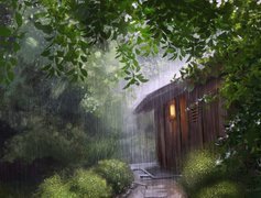 Drewniana chata w deszczu
