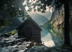 Góry, Drewniana, Chata, Jezioro Konigssee, Drzewa, Park Narodowy Berchtesgaden, Bawaria, Niemcy