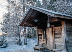 Drewniana sauna pod ośnieżonymi drzewami nad jeziorem Payanne w Finlandii