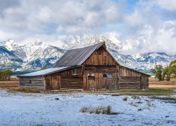 Drewniana stodoła na tle ośnieżonych gór Teton Range