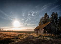 Drewniana, Szopa, Wschód słońca, Pola