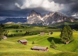 Płaskowyż Seiser Alm, Dolina Val Gardena, Dolomity, Góry Sassolungo, Mgła, Domy, Drzewa, Włochy