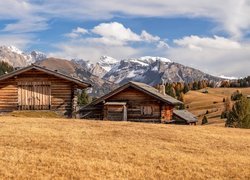 Płaskowyż Seiser Alm, Dolina Val Gardena, Góry Sassolungo, Dolomity, Wzgórza, Drewniane, Domki, Drzewa, Chmury, Włochy