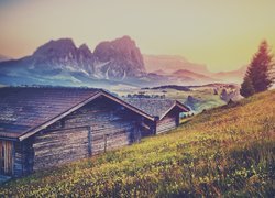 Drewniane, Domki, Łąka, Płaskowyż Seiser Alm, Dolina Val Gardena, Dolomity, Góry Sassolungo, Drzewa, Mgła, Rozmycie, Włochy