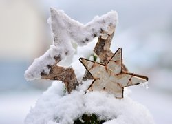 Drewniane gwiazdki w śniegu