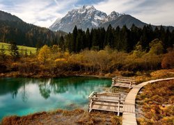 Słowenia, Kranjska Gora, Rezerwat przyrody Zelenci, Jezioro Zelenci, Góry, Lasy, Drewniany, Pomost, Jesień