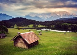 Łąka, Drewniane, Domki, Jezioro Geroldsee, Drzewa, Lasy, Góry, Alpy, Bawaria, Niemcy