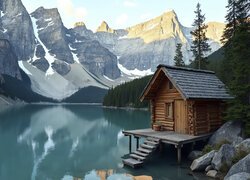Kanada, Góry, Jezioro, Moraine Lake, Park Narodowy Banff, Drewniany, Dom, Grafika