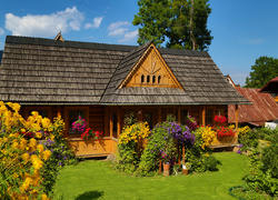 Drewniany dom z ogrodem pełnym kwiatów w Zakopanem