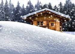 Drewniany domek pod lasem zimą