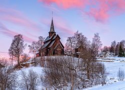 Drewniany, Kościół, Hore Stave Church, Drzewa, Zima, Ryfoss, Gmina Vang, Norwegia