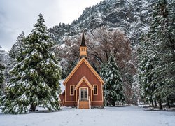 Zima, Drzewa, Kaplica, Kościółek, Las, Park Narodowy Yosemite, Stan Kalifornia, Stany Zjednoczone