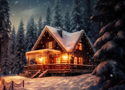 Zima, Śnieg, Las, Drzewa, Świerki, Dom, Światła, 2D