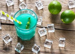 Szklanka, Drink, Błękitna laguna, Kostki lodu, Limonki