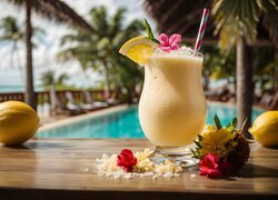 Pina Colada, Drink, Owoce, Kwiaty, Tropiki, Grafika