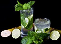 Drink, Mojito, Szklanki, Mięta, Limonka, Lód, Ciemne, Tło