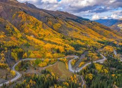 Góry, Lasy, Jesień, Droga, Million Dollar Highway US 550, Ouray, Kolorado, Stany Zjednoczone