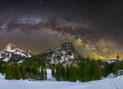 Zima, Góry, Appenzeller Alpen, Alpy Zachodnie, Szczyt Santis, Drzewa, Las, Gwiazdy, Droga Mleczna, Kanton Sankt Gallen, Szwajcaria