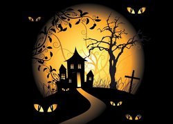 Droga prowadząca do domu czarownicy w grafice halloweenowej