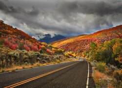 Stany Zjednoczone, Utah, Droga, Loop Road, Góra, Nebo, Chmury, Las, Kolorowe, Drzewa, Jesień
