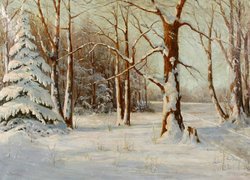Droga w zimowym lesie na obrazie Waltera Morasa