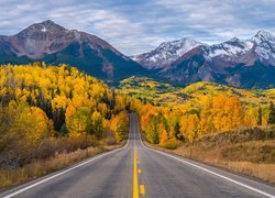 Stany Zjednoczone, Kolorado, Telluride, Góry, San Juan Mountains, Drzewa, Jesień, Droga