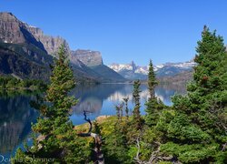 Stany Zjednoczone, Montana, Park Narodowy Glacier, Góry, Sierra Nevada Mountains, Jezioro, St Mary Lake, Drzewa
