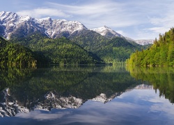 Drzewa i góry w lustrzanym odbiciu jeziora