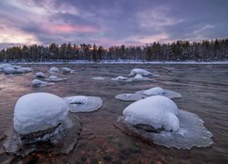 Drzewa i ośnieżone kamienie nad rzeką Pirenga w Rosji