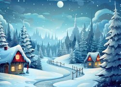 Drzewa i oświetlone nocą domy nad rzeką w zimowej scenerii