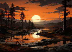 Drzewa i rzeka na tle zachodu słońca nad górami w grafice 2D